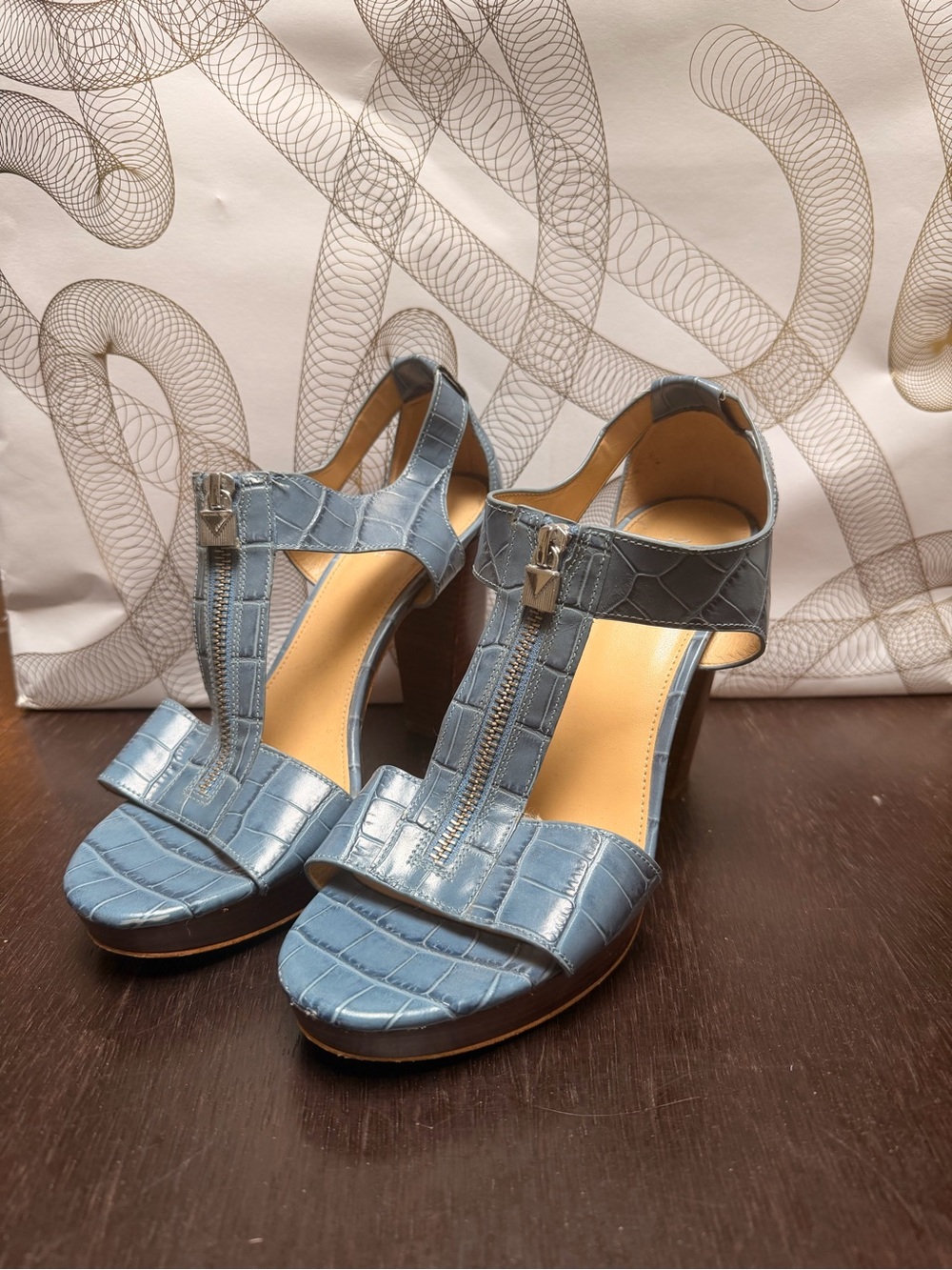 Michael Kors Blue Croc-Embossed T-Strap High Heel Sandals